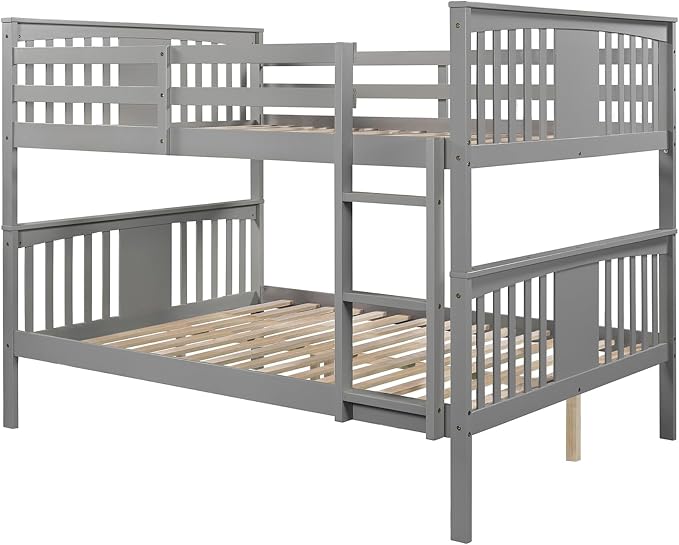 Merax Full Over Full Bunk Bed Convertible to Two Separate Beds, Solid Pine Wood Frame with Safety Guardrail & Headboard/Footboard, Sturdy Durable Design, for Teens/Adults, No Box Spring Needed, Grey