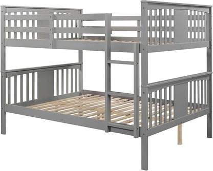 Merax Full Over Full Bunk Bed Convertible to Two Separate Beds, Solid Pine Wood Frame with Safety Guardrail & Headboard/Footboard, Sturdy Durable Design, for Teens/Adults, No Box Spring Needed, Grey