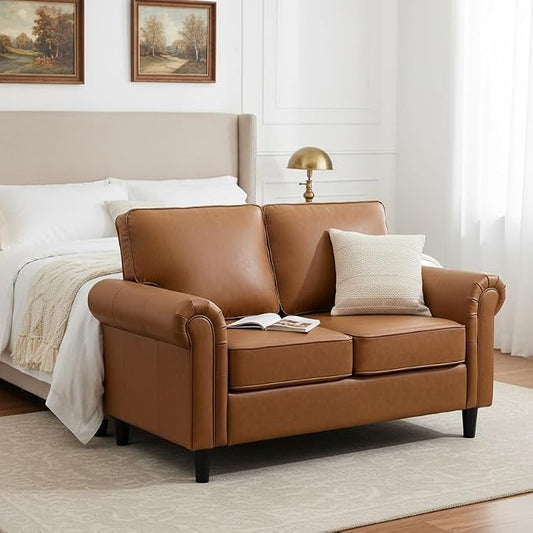 Kingfun Loveseat 2 Seater Couch, Mid Century Modern Faux Leather Sofa with Rolled Arms and Deep Seats, Fluffy Comfort for Living Room, Apartment, Easy Assembly, Brown