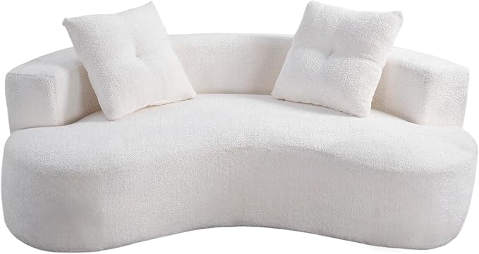 KEIKI 80" Boucle Curved Modular Boneless Sofa with 2 Pillows, Upholstered Modern Style 3-Seater Couch with High Resilience Cushion, No Assembly Required, for Apartment, Living Room, Office, White