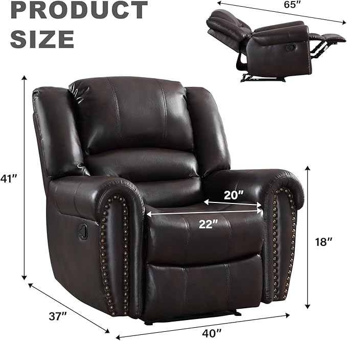 INZOY Leather Recliner Chair, Heavy Duty Manual Reclining Sofa Single Lounge Sofa for Living Room, Home Theater Seating, Dark Brown
