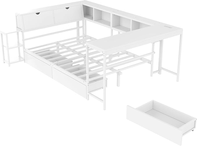 Bellemave Queen Size Corner Bed Frame with Storage Drawers, Bookcase and Side Desk, Queen Corner Bed with Light and Charging Station, Daybed for Bedroom, Living Room, Guest Room White