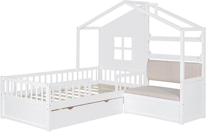 Merax Twin Size House Bed with Upholstered Sofa Seat, White L-Shape Wooden Platform Bed Frame with Two Drawers and Storage Shelf