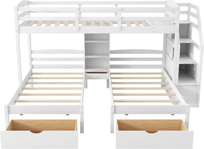 VilroCaz Twin Size Triple Bunk Bed with Drawers and Staircase, Solid Wood Bunk Bed Frame with Safety Full-Length Guardrail and Built-in Shelves, 3 Beds in 1 for Kids Teens Adults