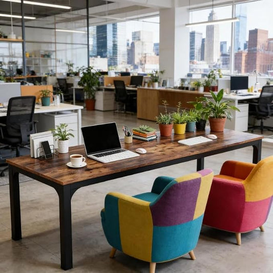 Practical Computer Desk,Rectangle Conference Table,Executive Desk(Only Table) (Black + Rustic Brown + MDF+Iron)