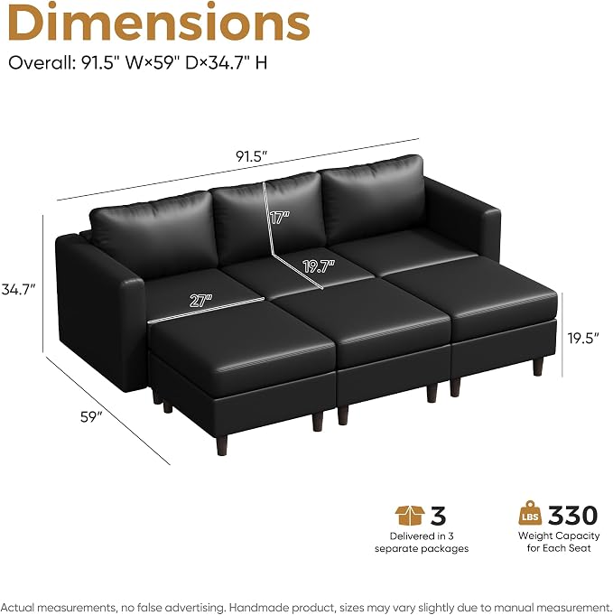 ABCASA 91.5" Faux Leather Luxury Modular Sleeper Sofa Bed with Storage Seat, 6 Seat Sectional Couch Deep Seat with Reversible Chaises & Removable Cover for Living Room - Black