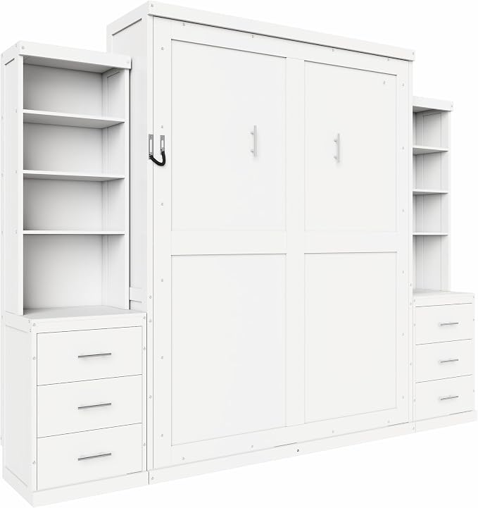 Murphy Bed Full Size,Murphy Bed with Storage Shelves and Drawers,Wall Bedframe w/Wood Slatk,can be Folded,No Box Spring Needed,for Bedroom Apartment,White