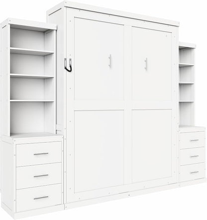 Murphy Bed Full Size,Murphy Bed with Storage Shelves and Drawers,Wall Bedframe w/Wood Slatk,can be Folded,No Box Spring Needed,for Bedroom Apartment,White