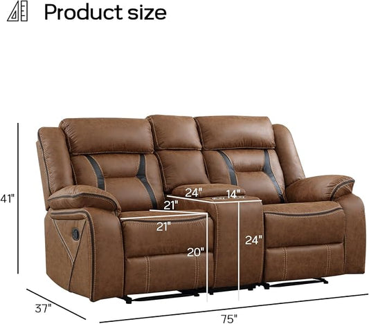 EBELLO Faux Leather Manual Loveseat Recliner, 2 Seat Reclining Sofa Chair with Center Console, Hidden Storage and Cup Holders, Daul Recliner for Living Room, Meeting Room, Brown (Loveseat)
