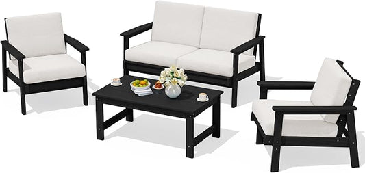 SERWALL HDPE Outdoor Furniture Set, 4 Piece Outdoor Sofa Set, Black Frame with Khaki Cushions