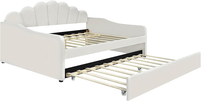 Ball & Cast Full Size Daybed with Trundle,Velvet Upholstered Day Bed Frame Full with Shall Shaped Backrest and Wood Slat Support,No Box Spring Needed,White