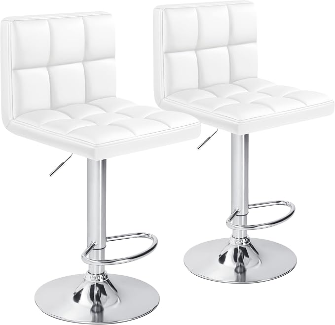 Furniwell Bar Stools Modern Pu Leather Swivel Adjustable Barstools Armless Counter Height Swivel Bar Stool Synthetic Leather Height Square Barstool with Set of 2 (White)