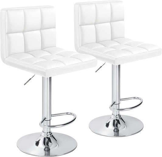 Furniwell Bar Stools Modern Pu Leather Swivel Adjustable Barstools Armless Counter Height Swivel Bar Stool Synthetic Leather Height Square Barstool with Set of 2 (White)