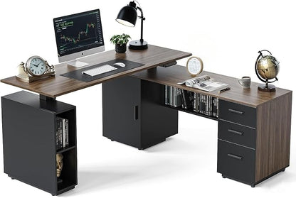 FEZIBO L Shaped Standing Desk, 63 inch Executive Standing Desk, Adjustable Height Desk with Storage Drawers for Home Office, Deep Wood Grainy