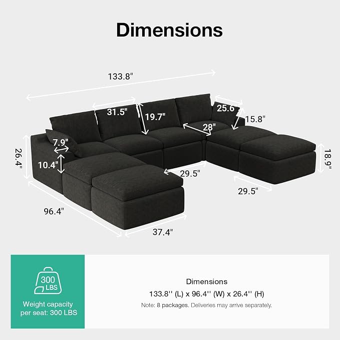 Novilla 133.8" Modular Cloud Couch, Modern Sectional Sofa with Smarts Coil® Support, Chenille Fabric, Upholstered Couch for Living Room Apartments Bedroom, No Assembly, 4 Seater + 4 Ottoman, Dark Grey