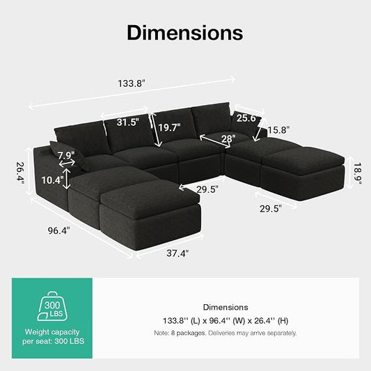 Novilla 133.8" Modular Cloud Couch, Modern Sectional Sofa with Smarts Coil® Support, Chenille Fabric, Upholstered Couch for Living Room Apartments Bedroom, No Assembly, 4 Seater + 4 Ottoman, Dark Grey