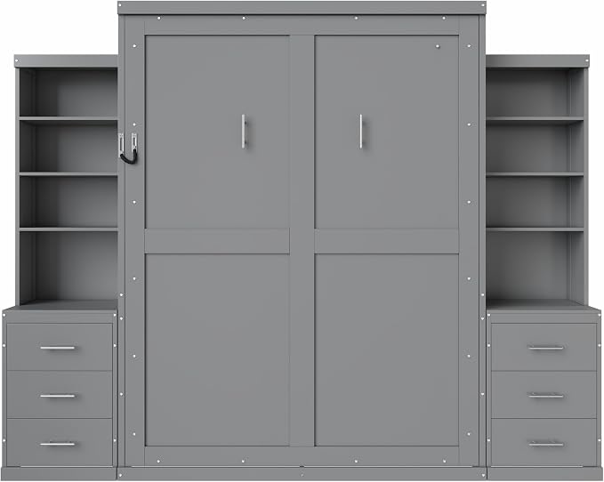 Murphy Bed Queen Size,Murphy Bed with Storage Shelves and Drawers,Wall Bedframe w/Wood Slatk,can be Folded,No Box Spring Needed,for Bedroom Apartment,Gray