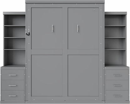 Murphy Bed Queen Size,Murphy Bed with Storage Shelves and Drawers,Wall Bedframe w/Wood Slatk,can be Folded,No Box Spring Needed,for Bedroom Apartment,Gray