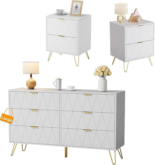 Anbuy Bedroom Sets White Sets 3 Piece, Night Stand Sets and 6 Drawer Dresser for Bedroom, Two Drawers Nightstand Set of 2 & 6 Drawer Dresser Combo 3 Pieces (White)