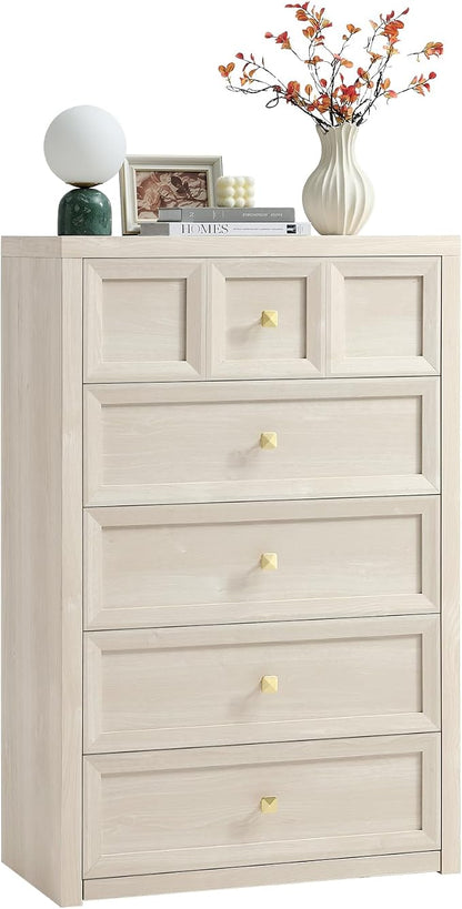 5 Drawers Dresser for Bedroom, 45.7" Tall Large Dresser & Chests of Drawers with Metal Handle, Clothes Storage Organizer Dresser w/Natural Texture for Bedroom, Living Room-Grey White
