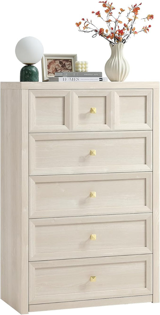 5 Drawers Dresser for Bedroom, 45.7" Tall Large Dresser & Chests of Drawers with Metal Handle, Clothes Storage Organizer Dresser w/Natural Texture for Bedroom, Living Room-Grey White