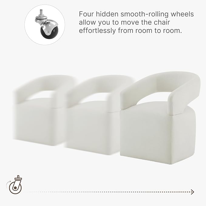KISLOT Upholstered Dining Chairs Set of 1, Modern Rolling Dining Chairs with Hidden Casters, Arm Kitchen Chairs with Linen Look Fabric, Padded Barrel Chairs for Dining Room, Kitchen, Bedroom, Ivory