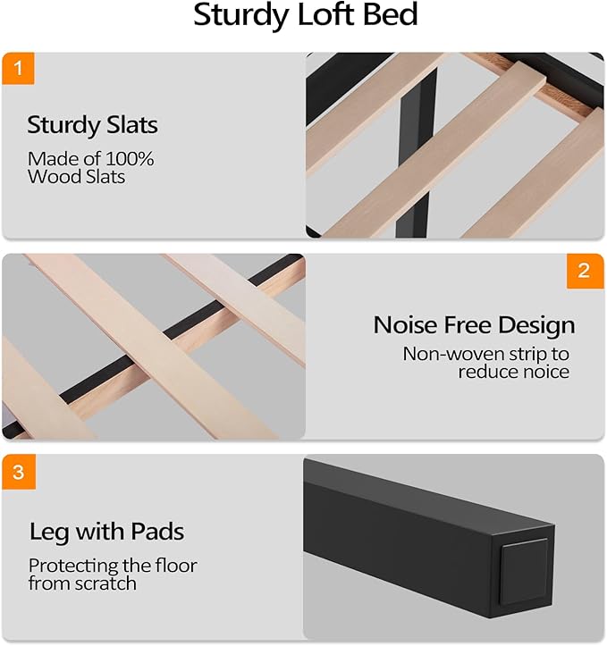 VINGLI 47'' Tall Junior Low Loft Bed with Stairs, Wood Loft Bed Twin Size for Adults, Kids and Young Teens, No Box Spring Required,Wood Slat Support, Black