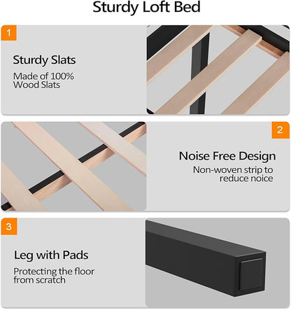 VINGLI 47'' Tall Junior Low Loft Bed with Stairs, Wood Loft Bed Twin Size for Adults, Kids and Young Teens, No Box Spring Required,Wood Slat Support, Black