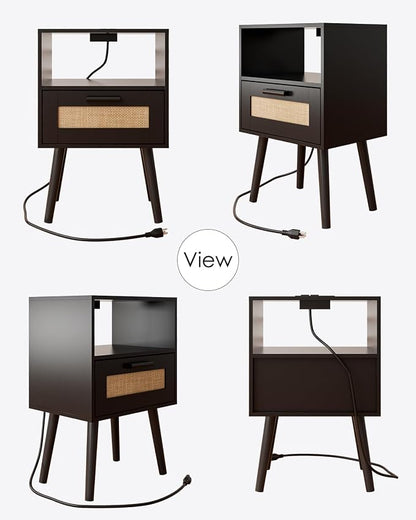 Aienvey Bedroom Nightstands Wooden Night Stands with Rattan Weaving Drawer Home Bedside End Table for Bedroom Storage (Modern-Black)