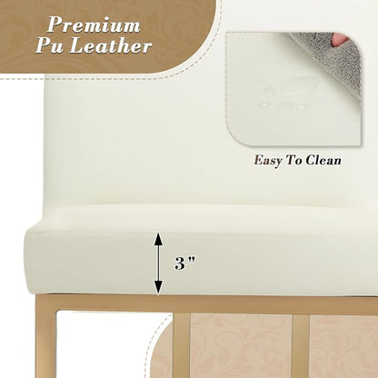 Athena Collection Counter Height Bar Stools Set of 2, 23.5 Inches Leather Upholstered Barstool Set of 2 with Back and Metal Legs, Modern Bar Stool Chairs for Kitchen Island, Dining Room, White