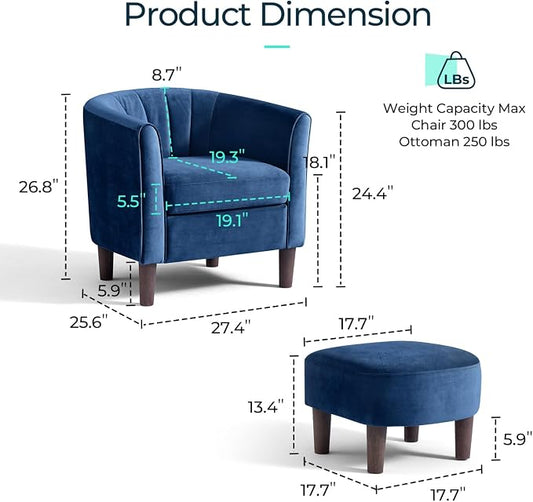 LINSY Accent Chair with Ottoman, Modern Barrel Chair Comfy Armchair Reading Chair with Footrest, Round Arms Chair for Living Room Bedroom Reading Room, Velvet, Blue