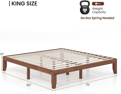 KOMFOTT 14 Inches Wood Platform Bed Frame King Size, Wooden Mattress Foundation with Rubber Wood Frame, Strong Wooden Slat Support, No Box Spring Needed, Bed Frame (Brown Cherry)