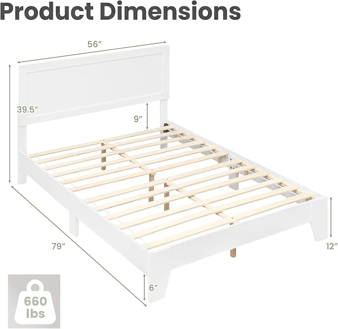 Giantex Full Size Wooden Bed Frame with Headboard, Wood Slat Support | Modern Platform Bed with Heavy Duty Mattress Foundation, Under-Bed Storage, No Box Spring Needed, Easy Assembly (White)