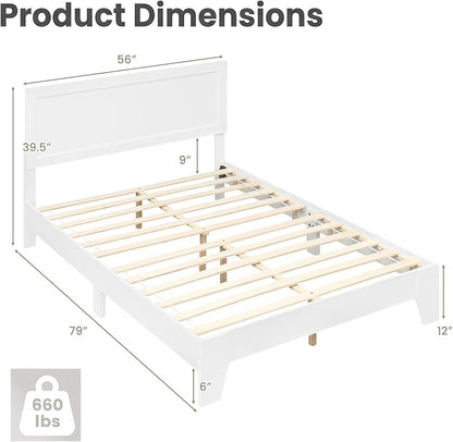 Giantex Full Size Wooden Bed Frame with Headboard, Wood Slat Support | Modern Platform Bed with Heavy Duty Mattress Foundation, Under-Bed Storage, No Box Spring Needed, Easy Assembly (White)