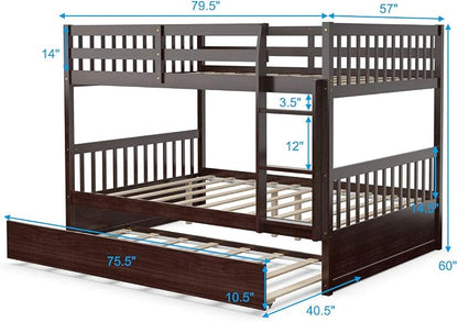 KOMFOTT Wood Full Over Full Bunk Bed with Trundle, Full Bed Frame with Ladder, Solid Wood Frame & Safety Guardrails, Space-Saving Bunk Bed for Teens & Adults, No Box Spring Needed