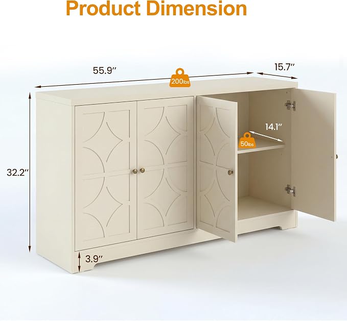 RoyalCraft Sideboard Buffet Cabinet with Storage, 56" Modern Sideboard with 4 Carved Doors, Large Wood Coffee Bar Console Table for Kitchen, Dining Room, Entryway, Living Room, Beige