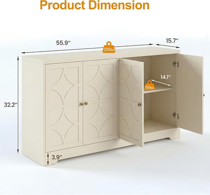 RoyalCraft Sideboard Buffet Cabinet with Storage, 56" Modern Sideboard with 4 Carved Doors, Large Wood Coffee Bar Console Table for Kitchen, Dining Room, Entryway, Living Room, Beige