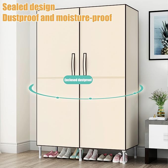 Portable Closet Clothes Organizer 49in Simple Non-Woven Fabric Wardrobe Closet Multi-Functional Clothes Storage Cabinet with Cover and Clothes Hanging Rod-Gray