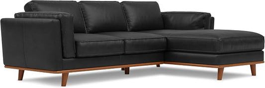 Valencia Artisan Full Leather Sofa - Right Chaise Sectional Couch - Pure Full Italian Nappa Leather Couch, Solid Wood Accent and Ultimate Comfort, Black