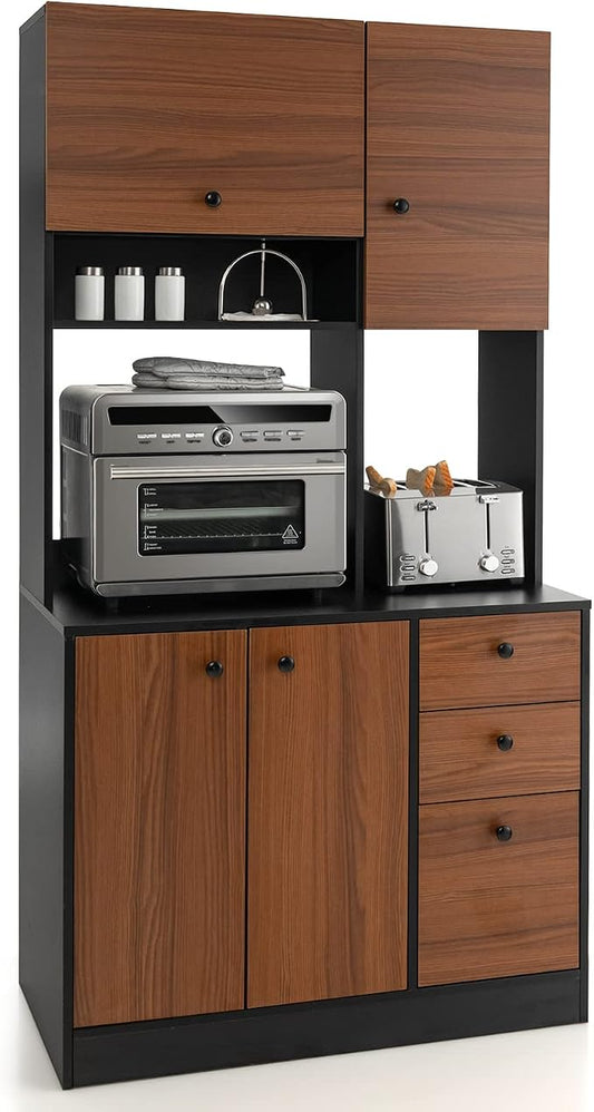 Giantex Kitchen Pantry, Buffet Hutch with 3 Storage Cabinet, 71'' Floor Large Cupboard with 3 Deep Drawers, Wide Countertop, Adjustable Shelves, Tall Sideboard (Walnut)