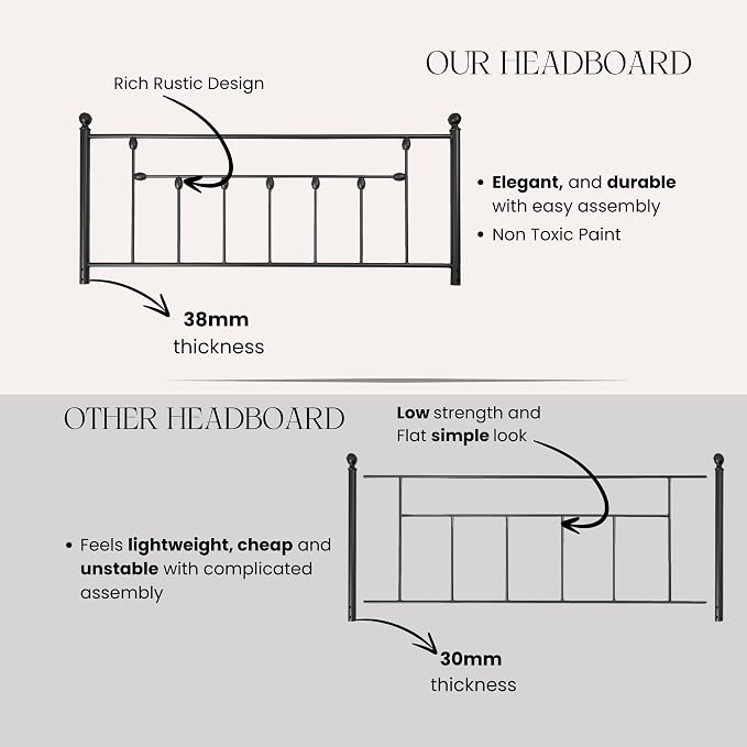 Victorian Metal Headboards, Adjustable Height Iron Frame, Rustic Farmhouse Style, Elegant and Durable Design, Easy Assembly, Universal Fit for Kids & Adults, Queen Size, Black Finish