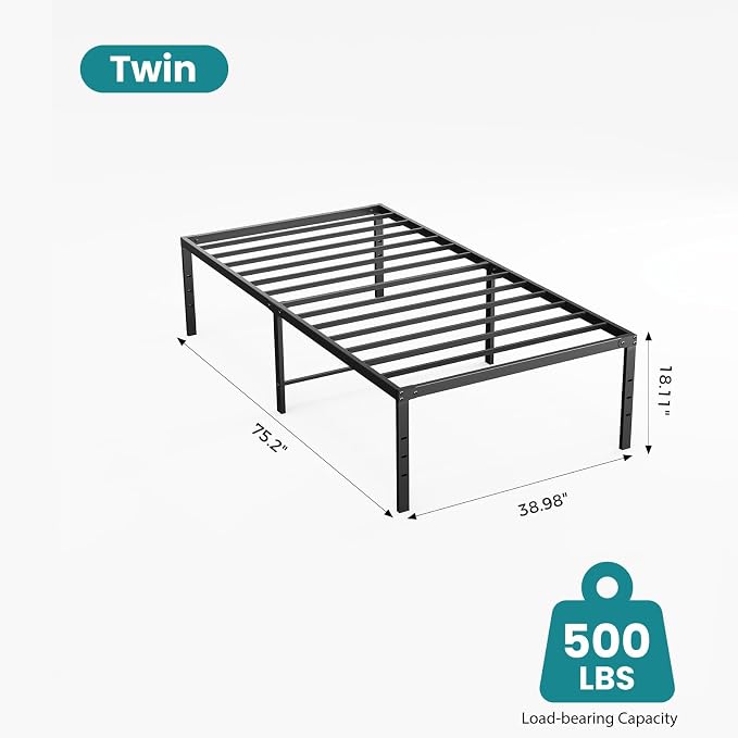 Sweetcrispy Twin Size 18 Inch Platform Bed Frame, Heavy Duty Metal Foundation Frame, Noise-Free Sturdy Steel Slats, Underbed Storage, No Box Spring Needed, Quick Setup