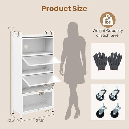 Giantex 5-Tier Kitchen Storage Cabinet, Freestanding Metal Baker's Rack w/4 Flip-up PC Doors, 4 Hooks, Adjustable Feet & Rolling Wheels, Mobile Microwave Stand for Dining Room, Living Room (White)