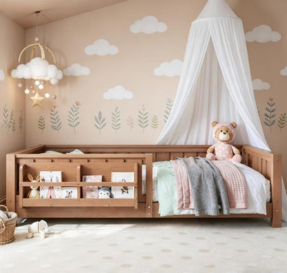 Bellemave Twin Size Floor Bed with high Rails and with Built-in Bookshelf for Kids, Wood Montessori Floor Bed Without Door, Natural