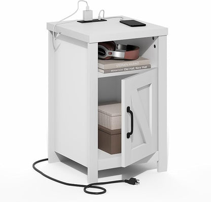 Furinno Farmhouse Night Stand with Charging Station, Bedside Table, Side Table, End Table with Door, USB Ports and Outlets, for Bedroom, Closet, Dorm, Plain White