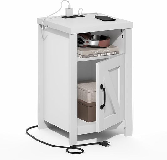 Furinno Farmhouse Night Stand with Charging Station, Bedside Table, Side Table, End Table with Door, USB Ports and Outlets, for Bedroom, Closet, Dorm, Plain White