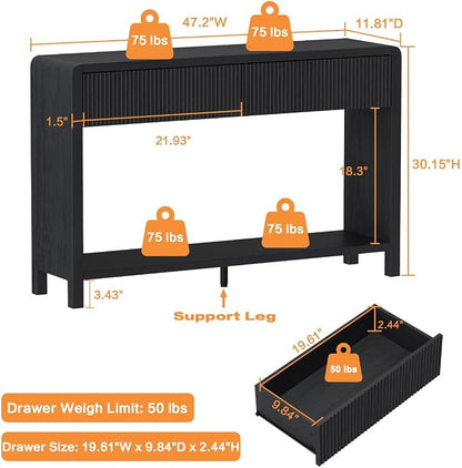 FATORRI Console Table for Entryway, 47.2 inch Modern Sofa Table with 2 Drawers for Living Room, Wood Hallway Tables and Couch Tables Behind Sofa, Black