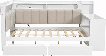 Bellemave Full Upholstered Daybed with Desk and Drawers and USB/LED Belt, Corner Bed with Trundle, L-Shape daybed for Bedroom Living Room, White（Linen）