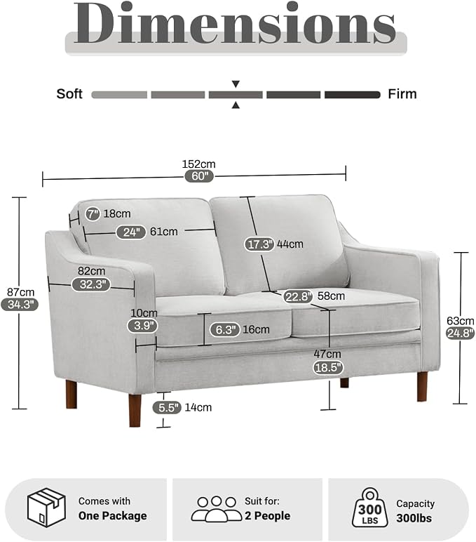 Kingfun 60" Chenille Sofa, Loveseat Couch, Mid Century Modern Love Seat Couches with Solid Wood Frame for Living Room Bedroom