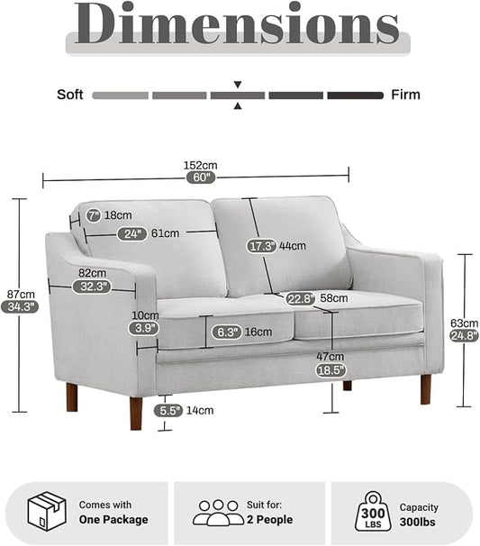 Kingfun 60" Chenille Sofa, Loveseat Couch, Mid Century Modern Love Seat Couches with Solid Wood Frame for Living Room Bedroom